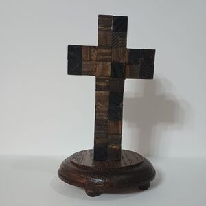Wooden Mosaic Cross on Round Stand - Brown & Dark Wood